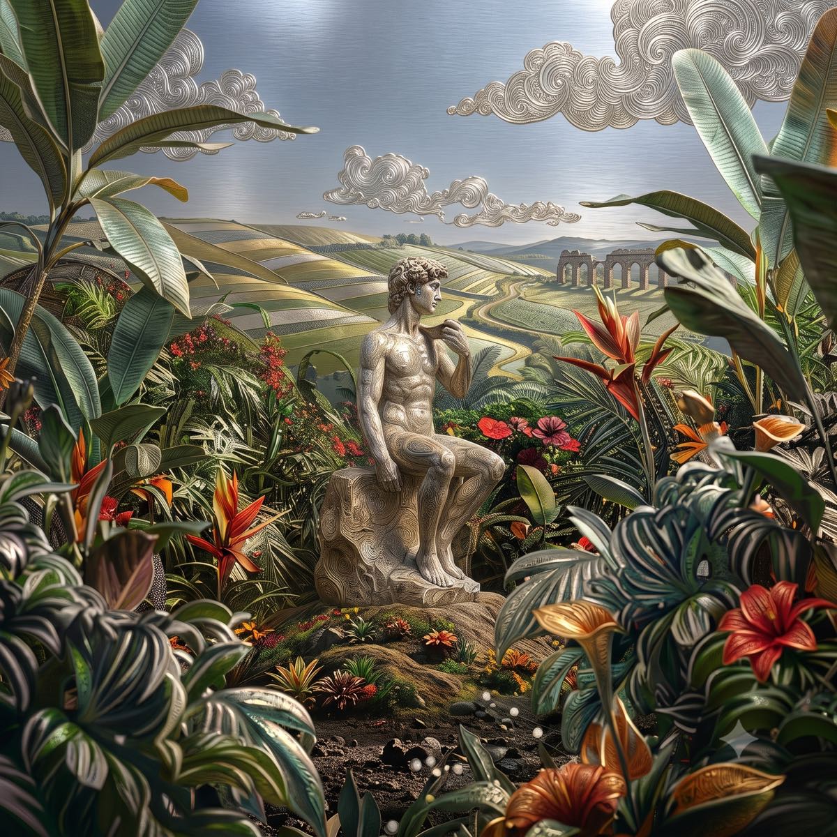A marble statue of David seated in an engraved garden, with rolling fields and an aqueduct behind.